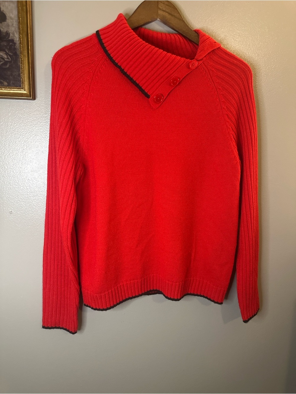 Mountain Lake Red Mock Neck Button Sweater Black Trim Large - Picture 3 of 8